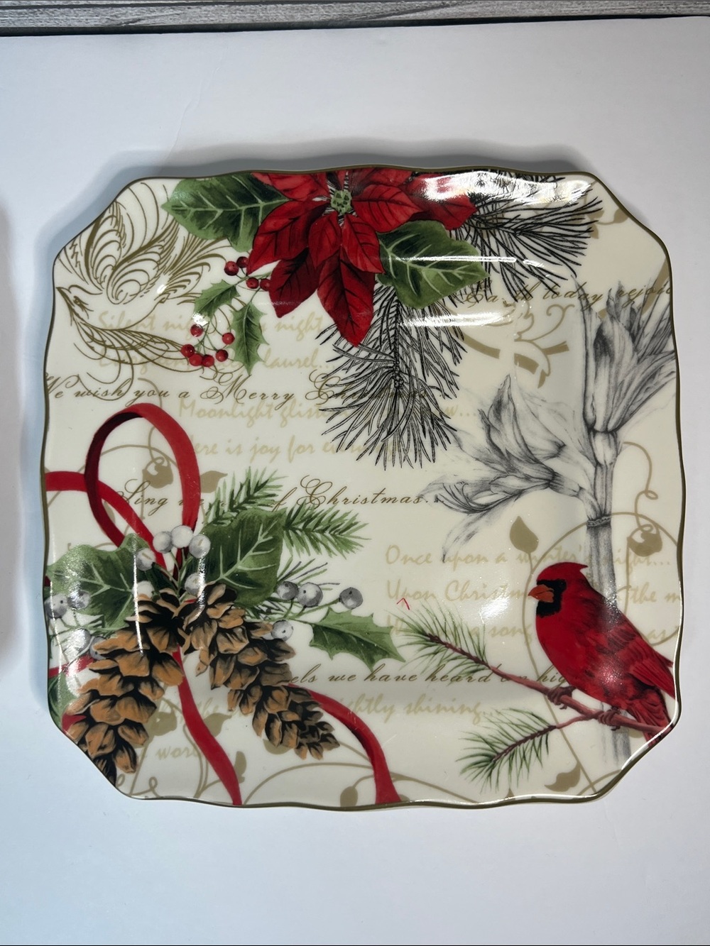 222 Fifth Holiday Wishes Cardinal Christmas Serving/Salad Plate Set of 2